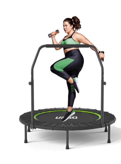 upgo 550 lbs foldable mini trampoline, 48" fitness trampoline with bungees, u shape adjustable foam handle, stable & quiet exercise rebounder for kids adults indoor/garden workout