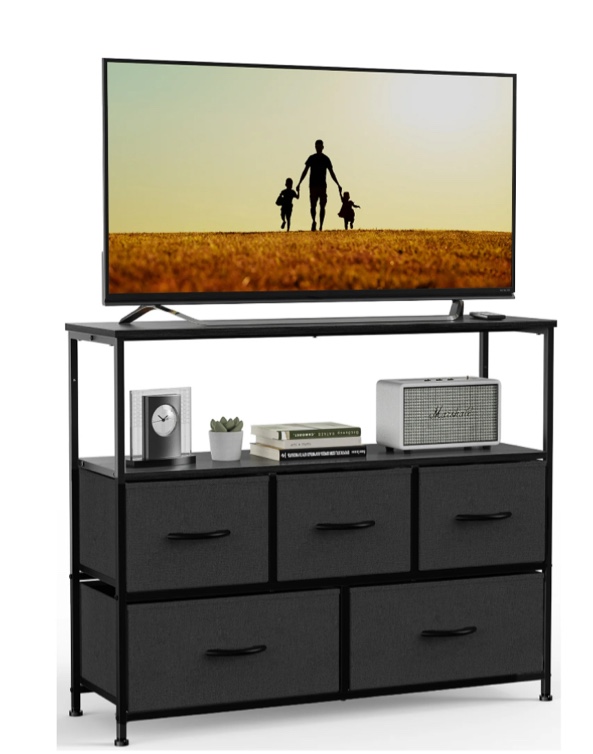 concetta dresser for bedroom, tv stand with drawers, fabric dresser with 5 drawers and open storage shelf for living room, black