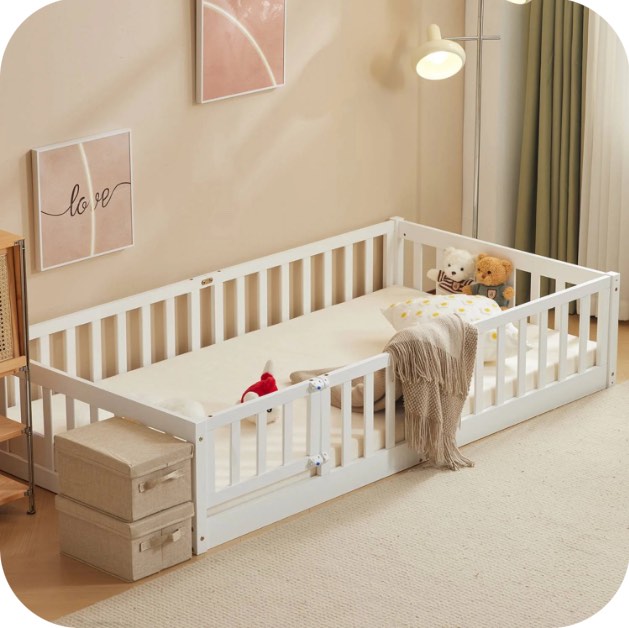 zimtown montessori floor bed frame, twin size bed with fence and door, wooden platform bed, white