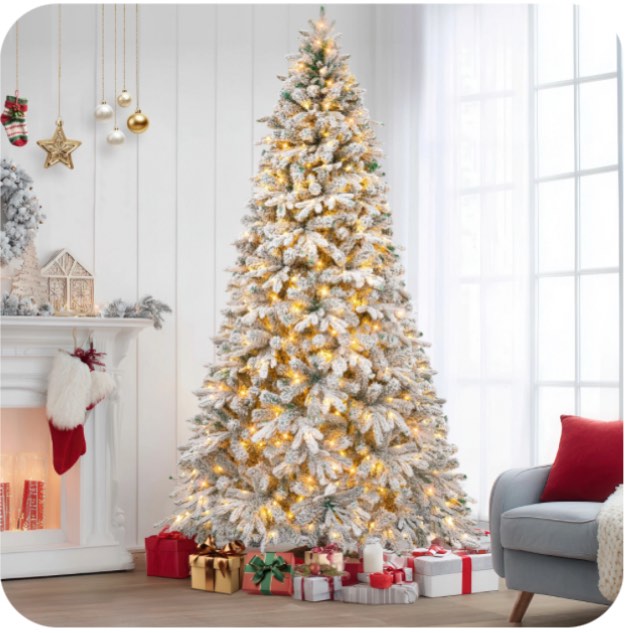 firstness 9ft pre-lit artificial christmas tree with 900 led lights,snow flocked