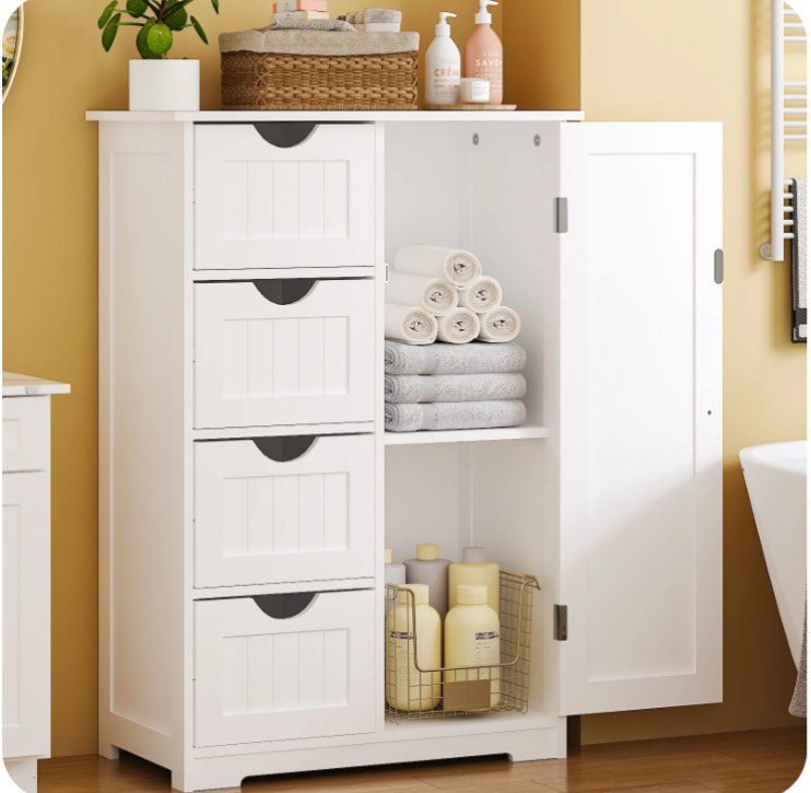 ktaxon wooden bathroom floor cabinet, side storage organizer with 4 drawers, 1 cupboard & 2-shelves, white