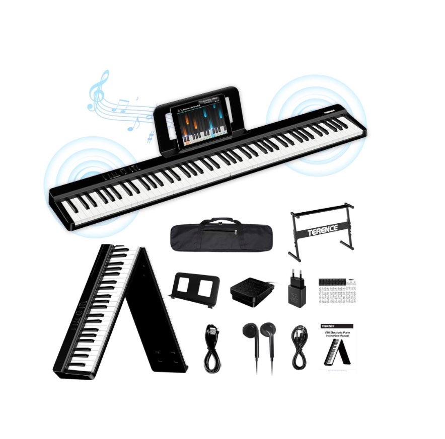 terence v20 portable piano keyboard 88 keys semi-weighted keyboard with midi bluetooth electric keyboard piano kit for adult kids black