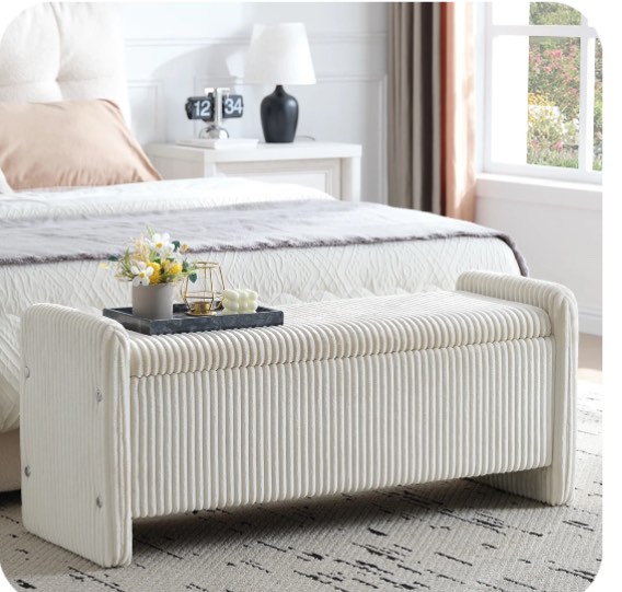 pinmoco 44" storage ottoman bench, upholstered entryway bench with storage end of bed bench for bedroom& living room, corduroy beige