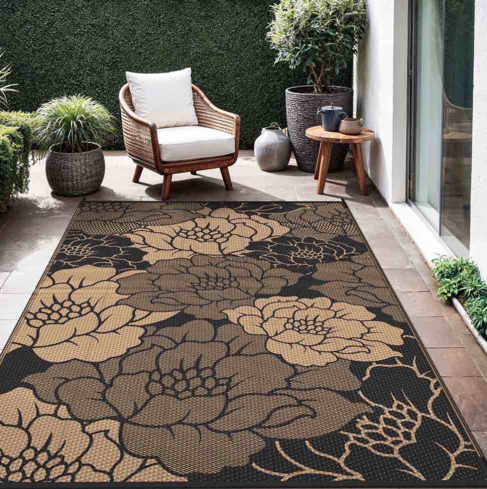 KUETH 8'x 10' Outdoor Rug Plastic Waterproof Outside Foldable Flower Mat UV Resistant Patio RV Deck Carpet,Black Brown