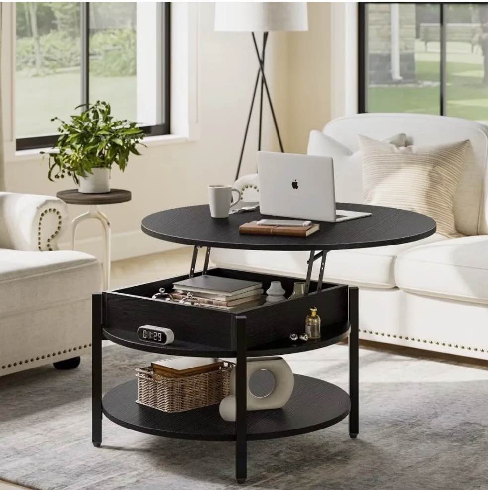DOVEAID Round Lift Top Small Coffee Table with Storage Modern Farmhouse Center Table with Shelf Small Circle Table for Living Room,Black