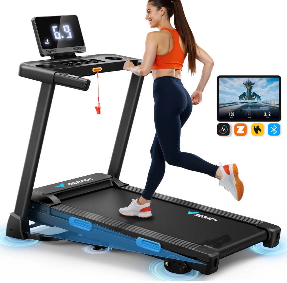 merach 2.5hp folding treadmill with incline, fitness treadmill for home with app, 0.8-7.5mph, led display