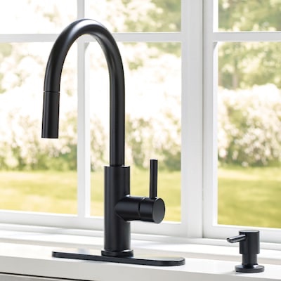 allen + roth harlow simplefit matte black single handle deck-mount pull-down kitchen faucet with sprayer ( deck plate included ) (soap dispenser included)