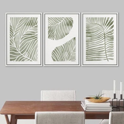 Abstract Jungle Green Pastel Plants Nature Wilderness Illustrations - 3 Piece Floater Frame Painting Set on Canvas