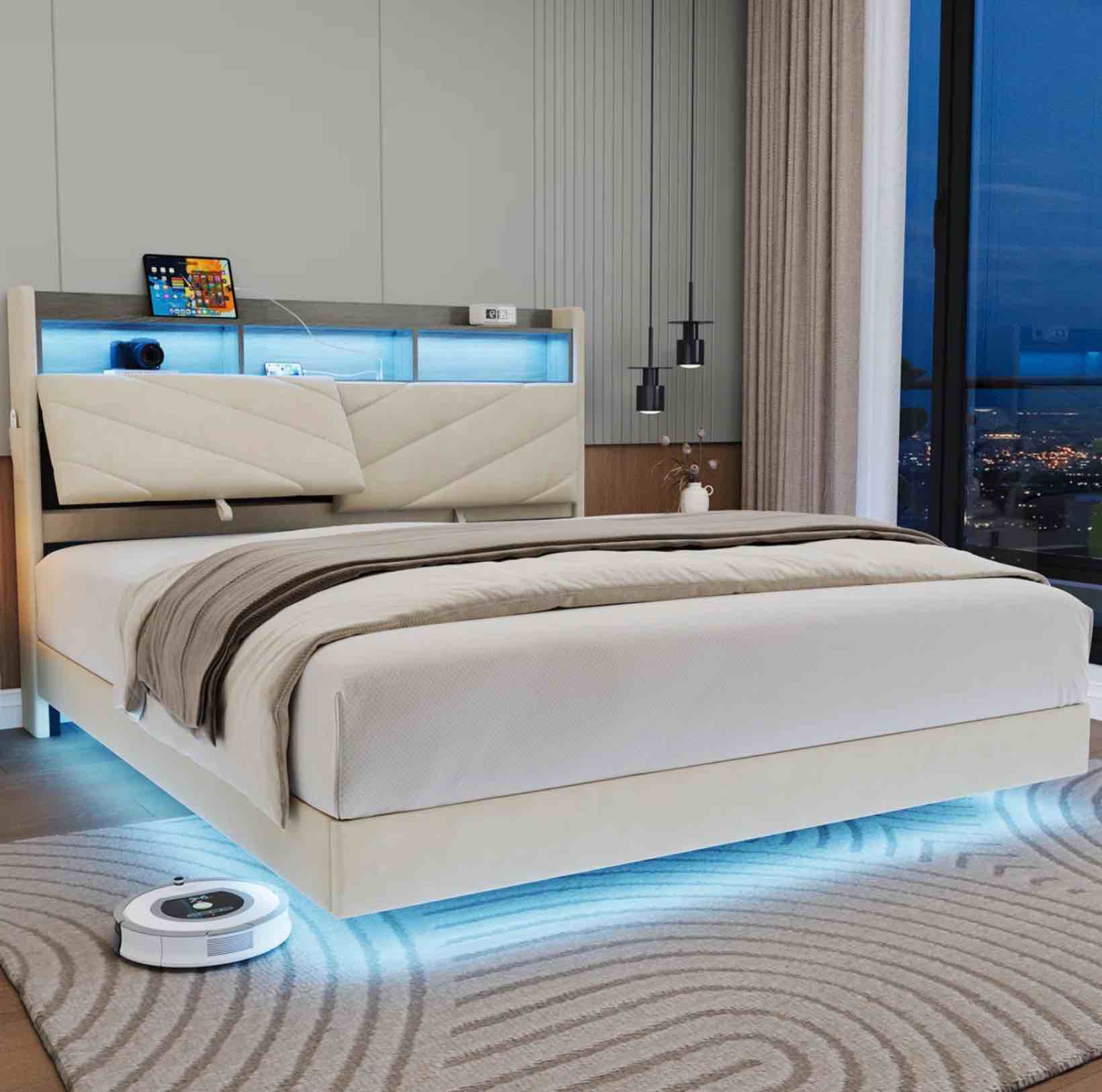 Sharwin LED QUEEN Upholstered Bed Frame Floating Bed Frame With Storage Headboard