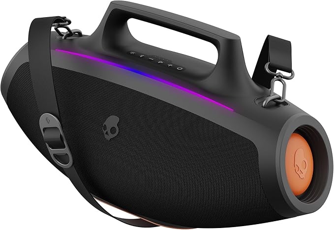 Skullcandy Barrel Bluetooth Boombox Speaker – Water-Resistant Wireless Portable Speaker, with LED Lightshow Mode, 12 Hour Battery, Multi-Link, & USB-C & USB-A Output Charging (Black)