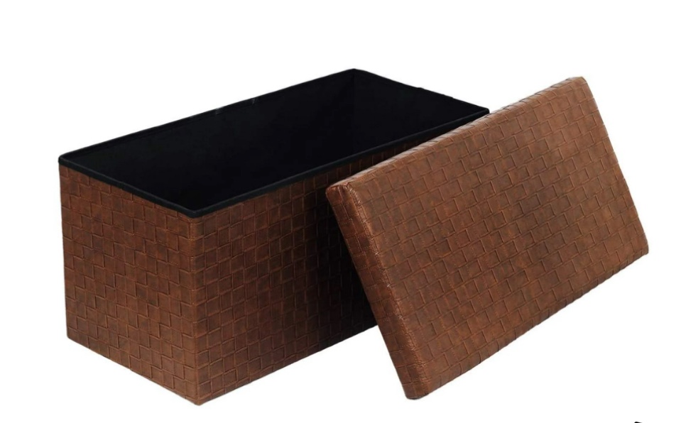 PINPLUS Folding Storage Ottoman, Faux Leather Footrest Stool Long Bench, Brown 30"x15"x15"