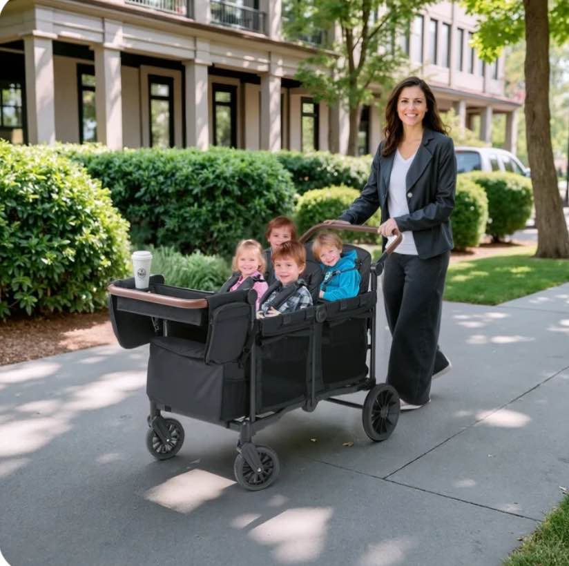 SACVON Toddler Stroller Wagon for 4 Kids with Cooler Bag,Parent Organizer,5-Point Harnesses,Black