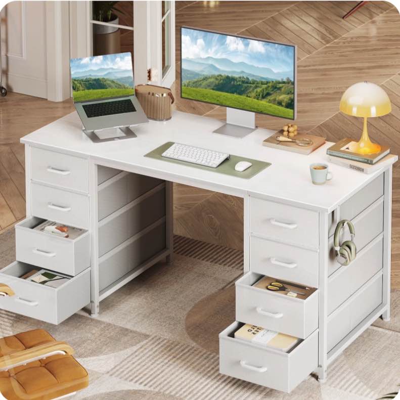 White Computer Desk with Drawers for Storage - 48 inch Home Office Desk with 8 Fabric Drawers, Writing Study Desk with Drawers on Both Sides for Bedroom