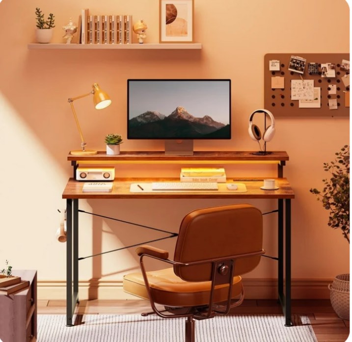 casacomoda 48 inch computer desk with monitor stand, home office desk with charging station & led light, simple modern style laptop desk for small space, vintage