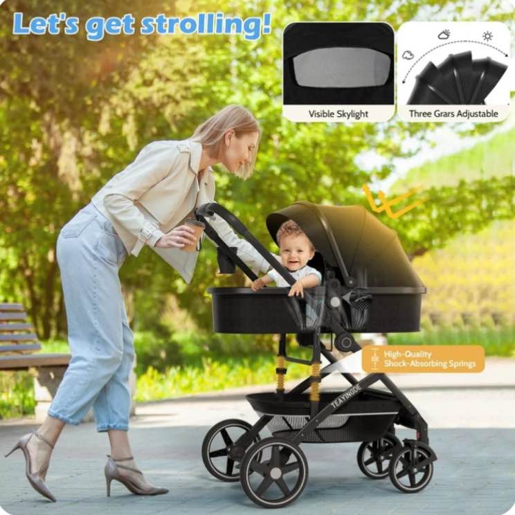 babyeap 2 in 1 baby stroller,foldable lightweight carriage reversible bassinet pram for toddler,travel stroller with with cup holder?storage bag,black