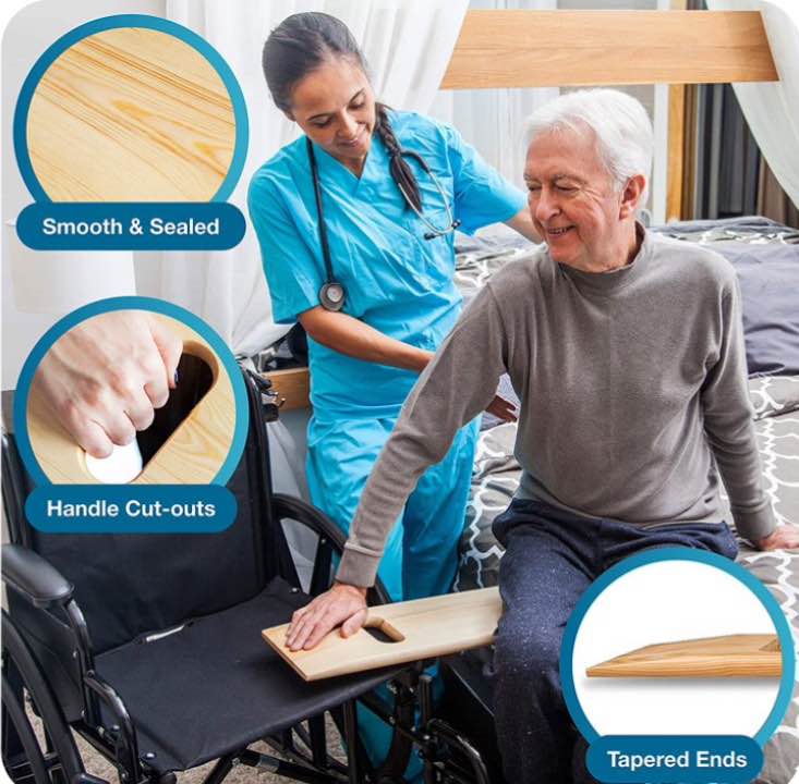 DMI Wooden Transfer Slide Board for Patients and Seniors, Heavy-Duty 440 lb Capacity, 30" x 8", 2 Cut-Out Handles, FSA / HSA