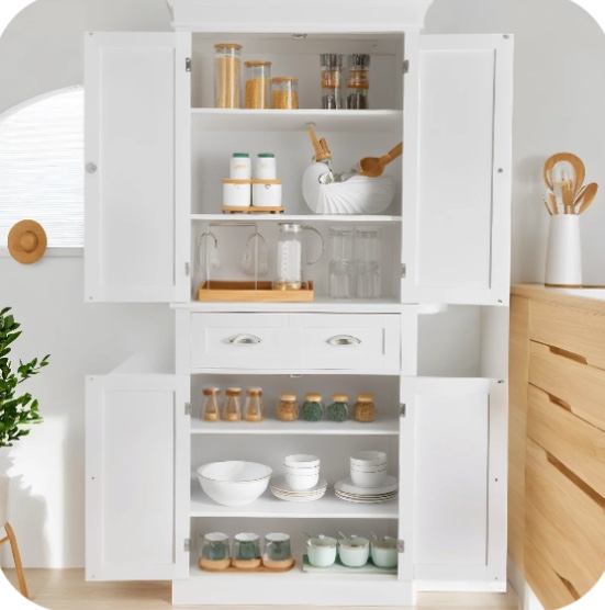 ktaxon 72" kitchen pantry storage cabinet with 4 doors large drawer and adjustable shelves for living room, white