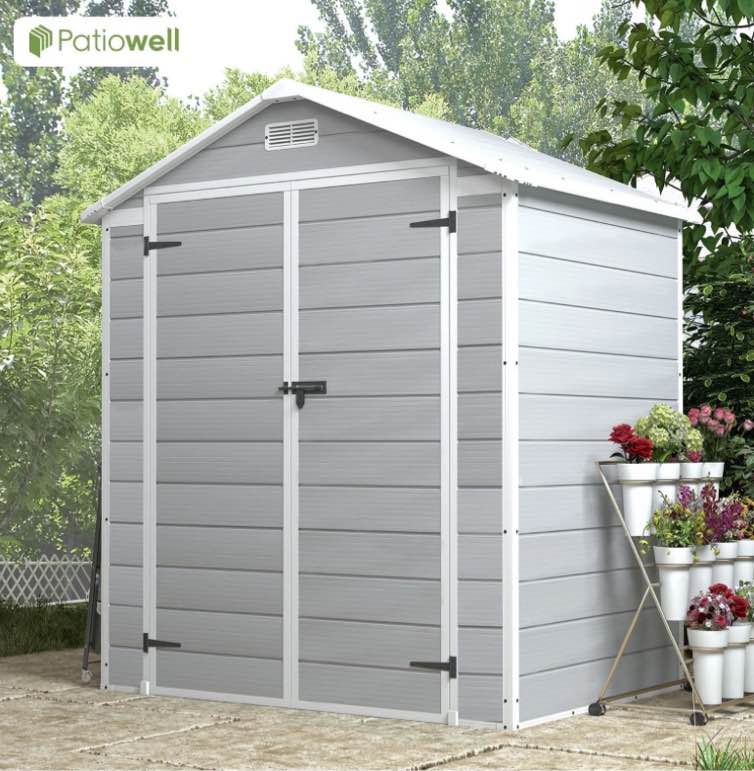 patiowell 6x4 resin outdoor storage shed-perfect to store patio furniture, garden tools bike accessories, beach chairs and lawn mower, grey & white