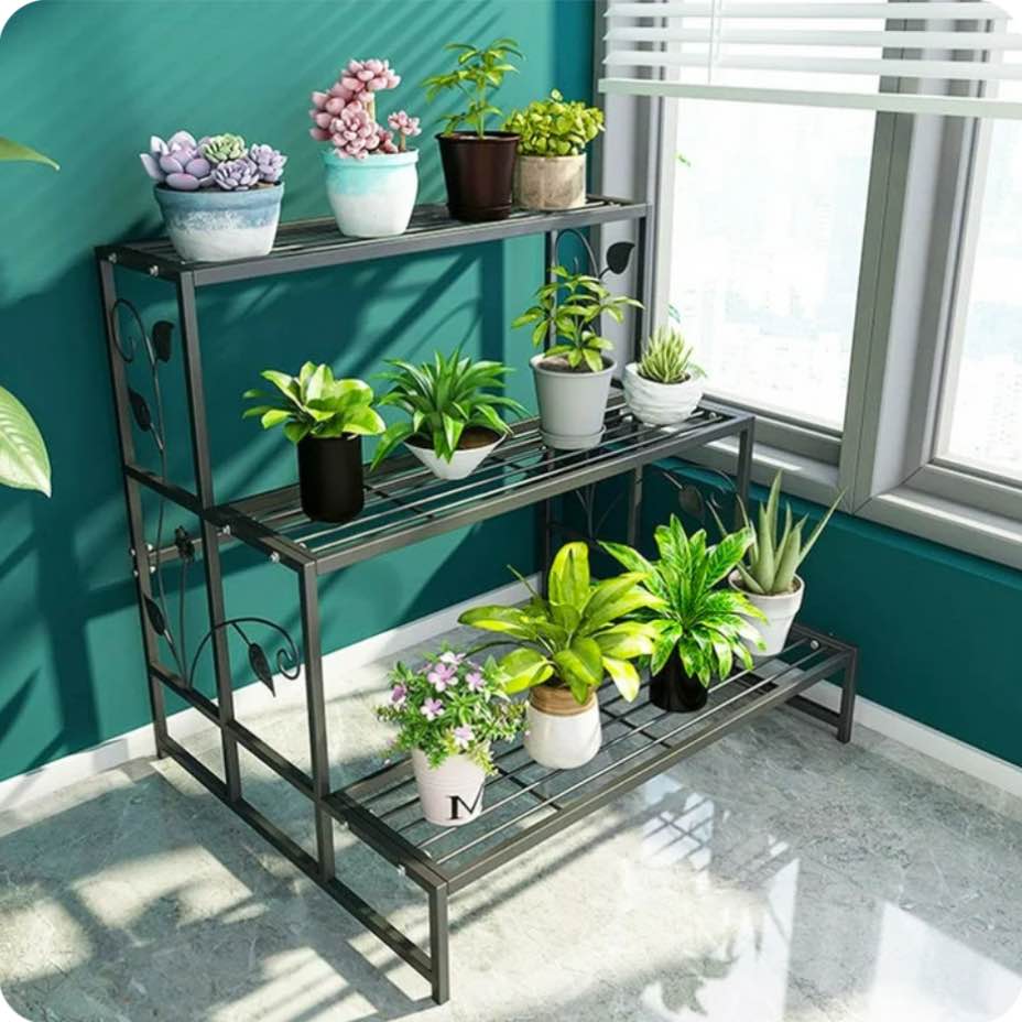 flyclix 3-tier metal plant stands for indoors and outdoor use – durable waterproof plant shelf perfect for displaying large planters, flower pots, and indoor gardens on your patio, balcony