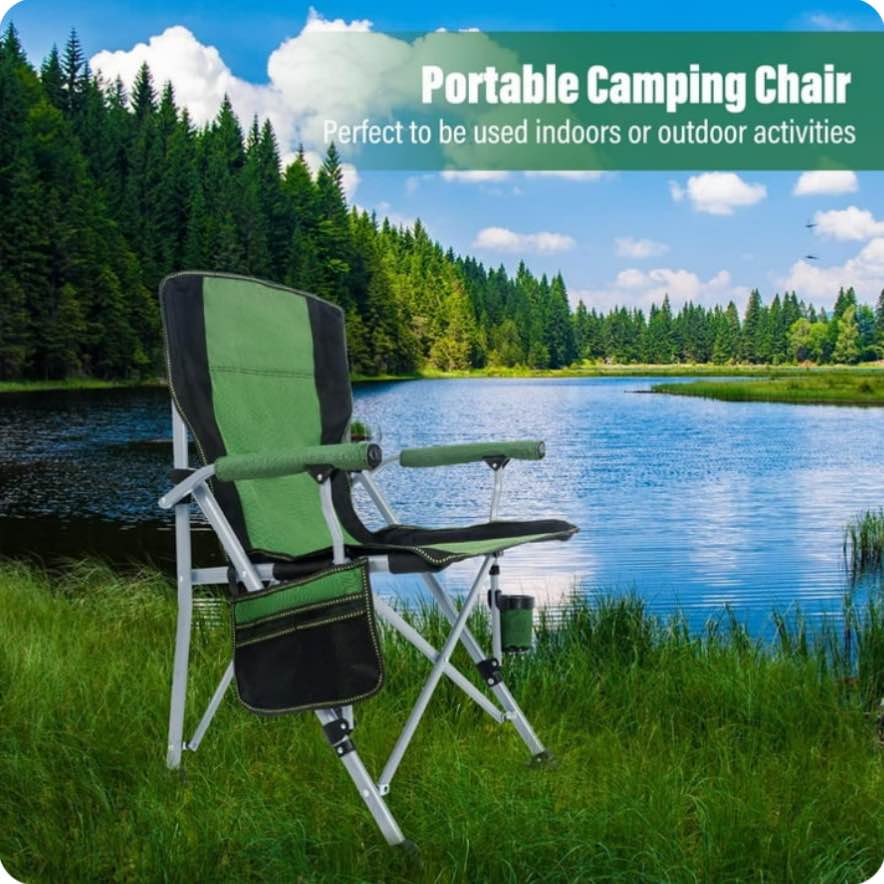 honeilife folding camping chair adult support 330lbs, heavy duty portable outdoor beach chair, foldable lightweight lawn chair with cup holder&carry bag for fishing outside sports picnic, green