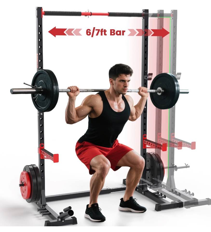 flybird adjustable squat rack with pull-up bar, multi-functional power rack for 6ft/7ft barbells