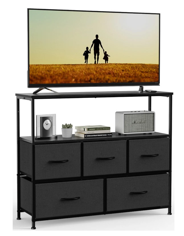 concetta dresser for bedroom, tv stand with drawers, fabric dresser with 5 drawers and open storage shelf for living room, black