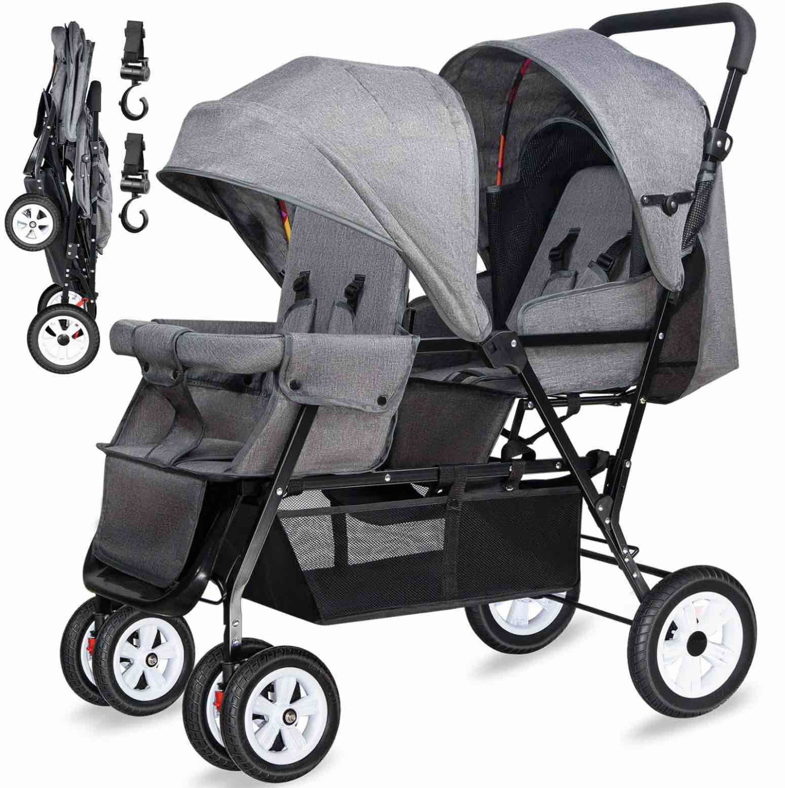double stroller for infant toddler, foldable double baby stroller with tandem seating and adjustable backrest - extra gift toys/mosquito net/sleeping mats/ 2 hooks/ 2 cotton pads?grey?