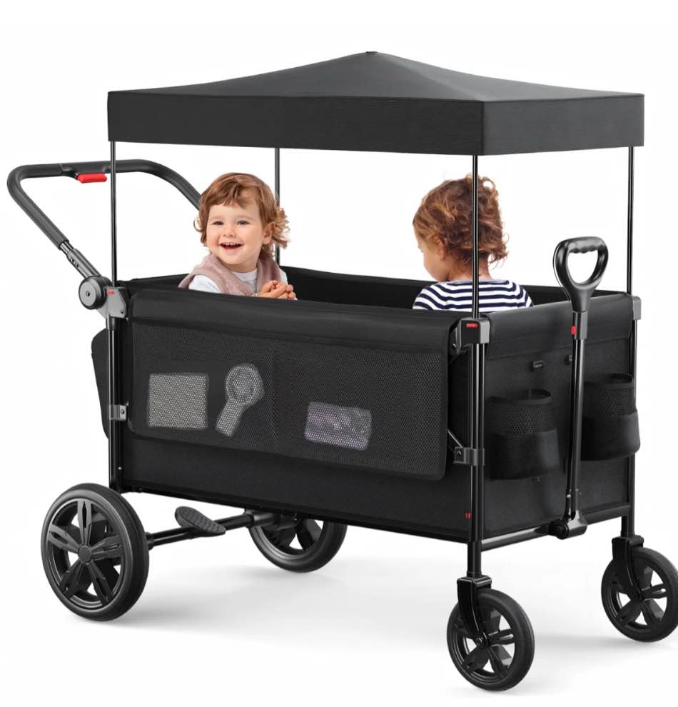 sacvon all-terrain stroller wagon for toddlers with canopy, parent organizer, adjustable handlebar, 2 cup holders
