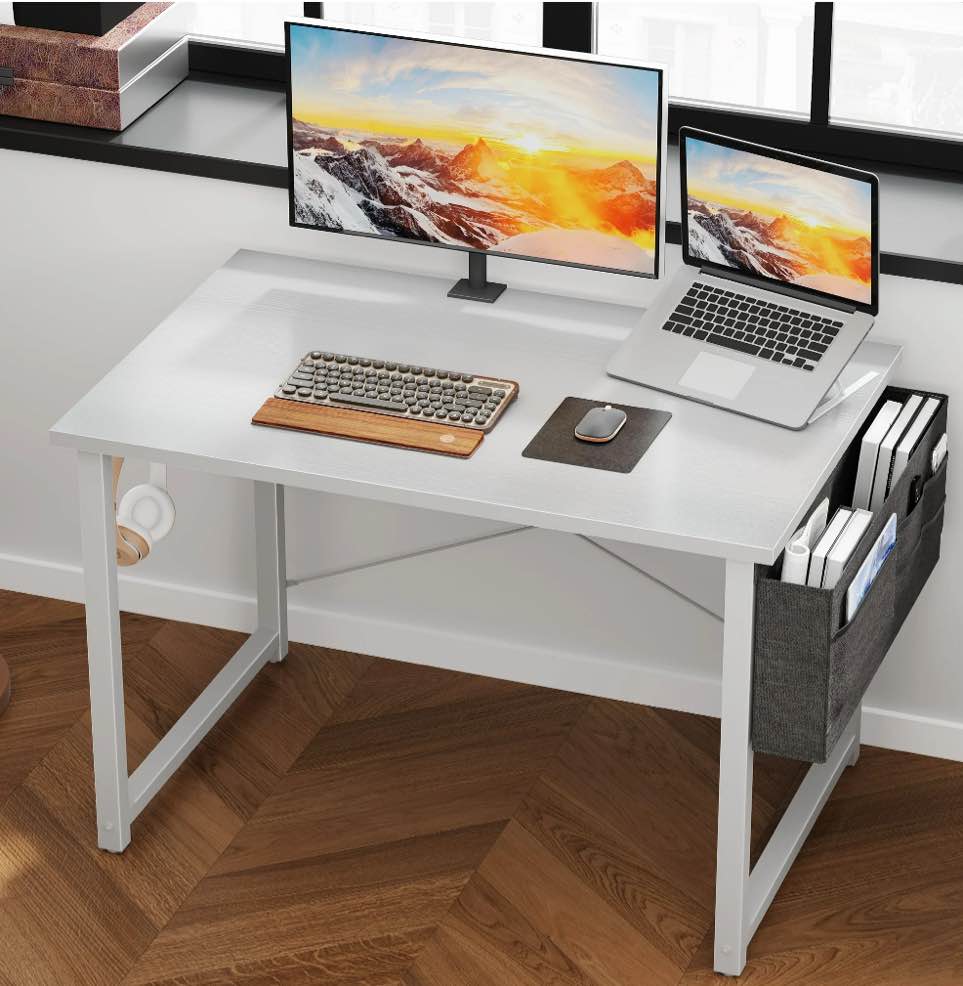 casacomoda computer writing desk 40 inch, sturdy home office table, work desk with a storage bag and headphone hook, pure white