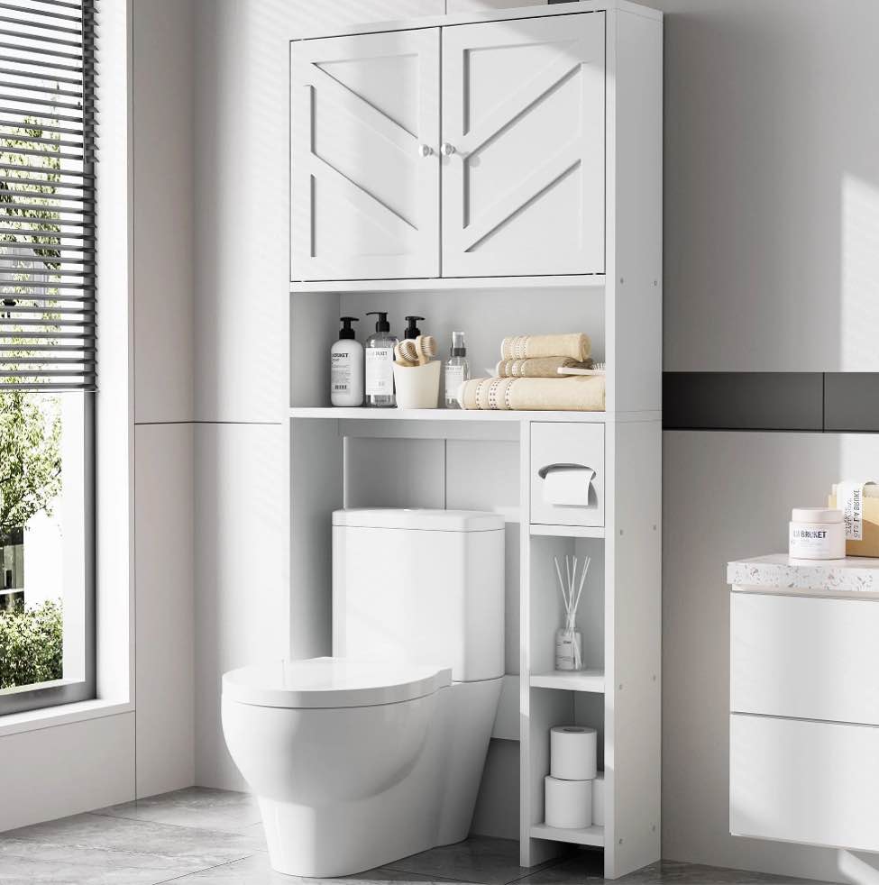 walsunny over the toilet storage cabinet with doors side storage toilet paper holder stand space saver shelf organizer rack freestanding for restroom bathroom laundry white