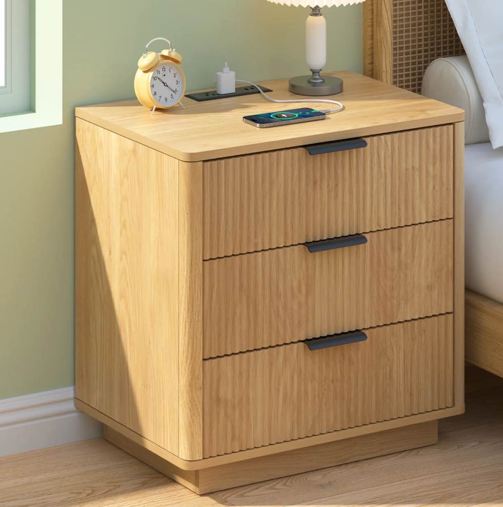 hommpa 3 drawers fluted nightstand with charging station, 23" large modern bedside table end side table for bedroom living room sofa office, night stand with storage drawers, curved profile design