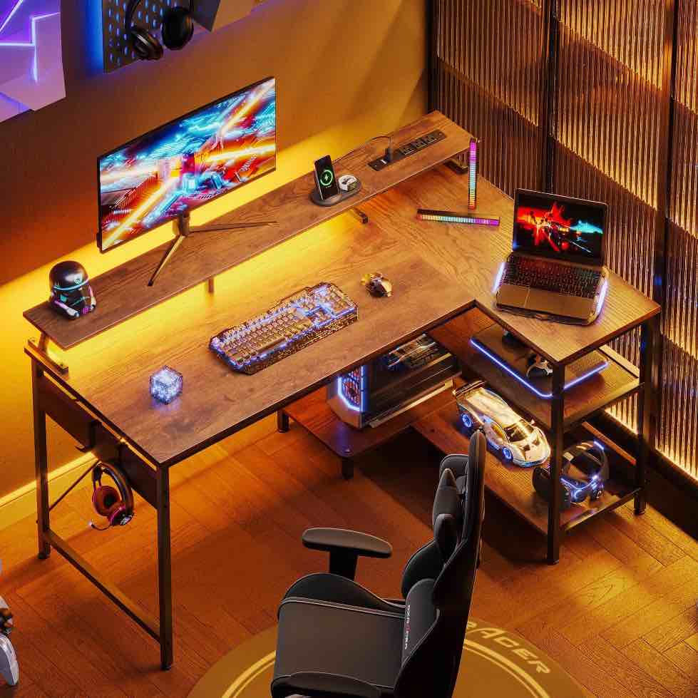 48 inch Reversible L Shaped Gaming Desk with LED Lights & Power Outlet, Corner Computer Desk with Storage Shelves & CPU Stand, Home Office Desk with Monitor Shelf, Modern Writing Table, Vintage