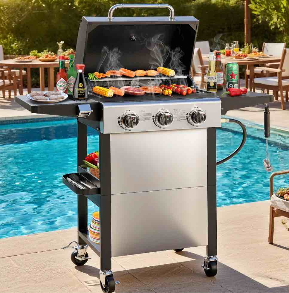 Seizeen 3-Burner Propane Gas Grill  25 650 BTU Outdoor BBQ on Wheels  with Thermometer and Side Tables