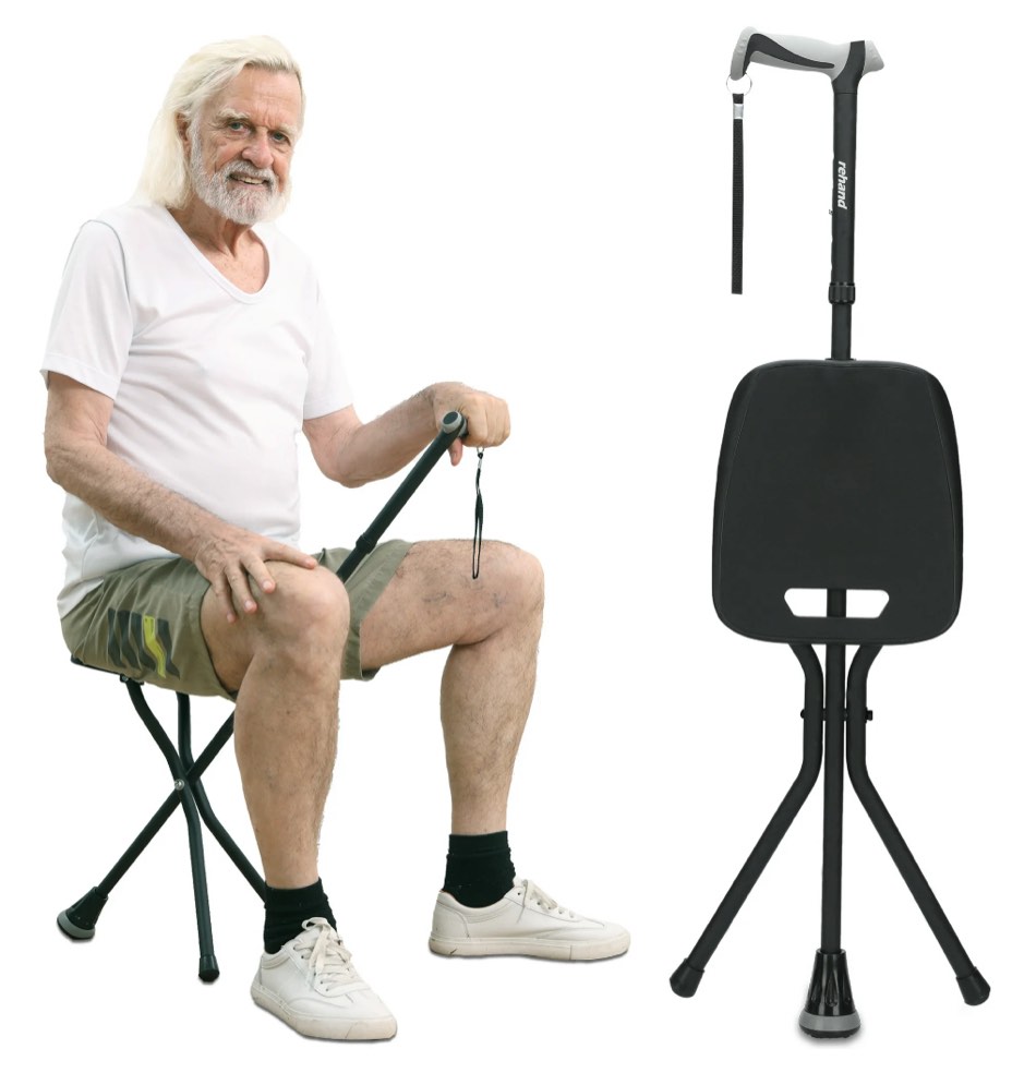 REHAND Walking Canes with Seat 350 LB Capacity,Lightweight Foldable Adjustable Aluminum Walking Stick Chair for Men & Women Seniors,Black