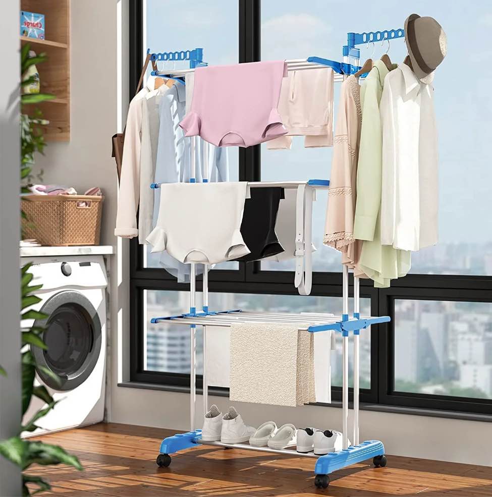 Clothes Drying Rack  Large 4-Tier Foldable Drying Rack Clothin  Movable Drying Rack with 4 castors. Multifunctional Stainless Steel Laundry Drying Rack  Blue