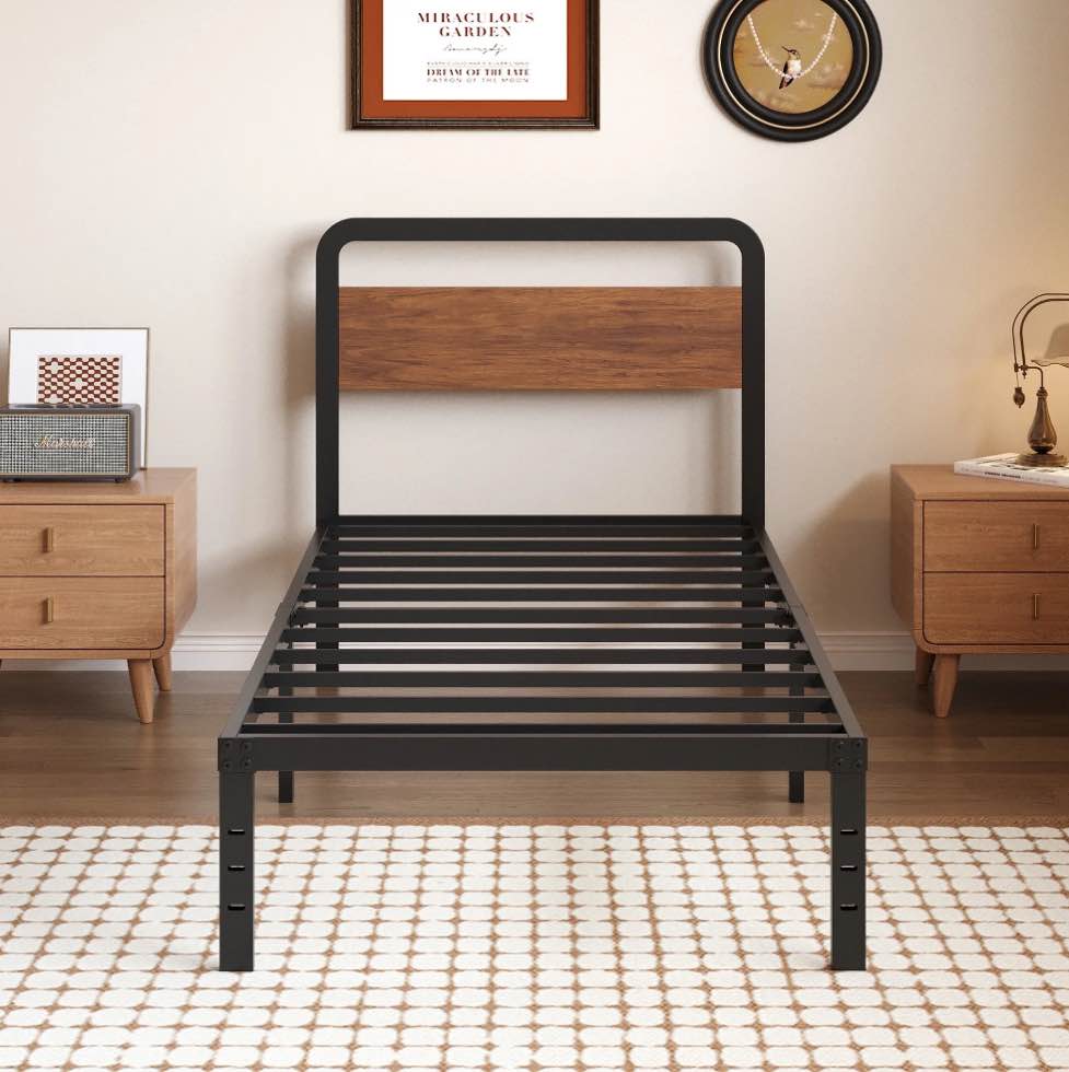 Maenizi Twin XL Bed Frame with Mahogany Wood Headboard, 12 Inch Heavy Duty Metal Twin XL Platform Bed Frames, No Box Spring Needed, Noise Free, Easy Assembly, Black