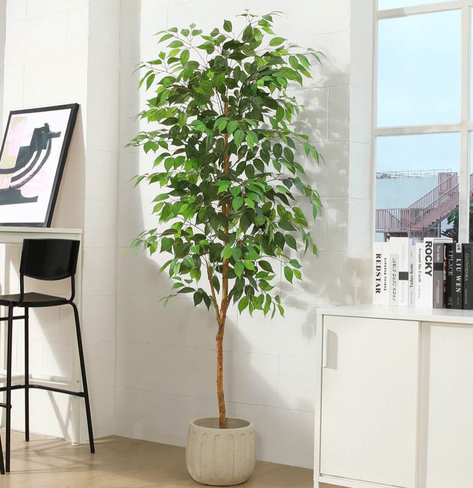 6FT Artificial Ficus Tree with Natural Wood Trunk and Lifelike Leaves, Silk Fake Potted Tree with Wood Branches, Faux Tree for Office Home Decor