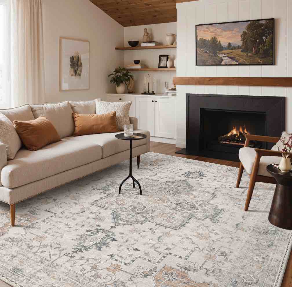 KUETH Modern Area Rug 6x9, Machine Washable Rugs for Living Room, Non Slip Rug with Printed, Low Pile Carpet, Light Taupe Brown