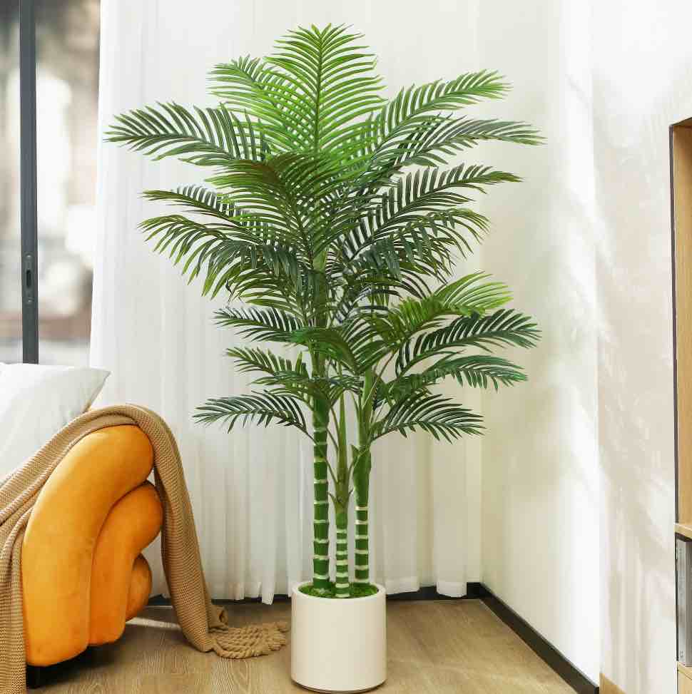 6 ft Artificial Golden Cane Palm Tree with Large White Planter, Faux Palm Plants in Pot