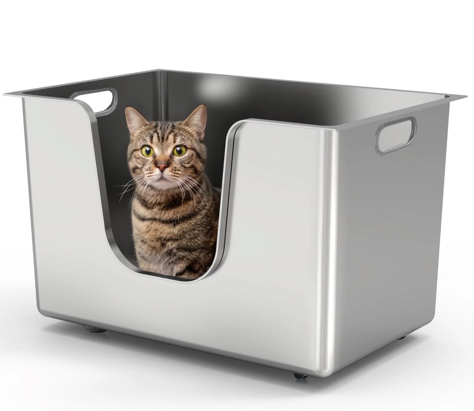 Ptlom Stainless Steel Litter Box with 13.7'' High Sides Anti-Splashing Seamless Metal Litter Box Extra Large Low Entry Litter Pan for Big Cats