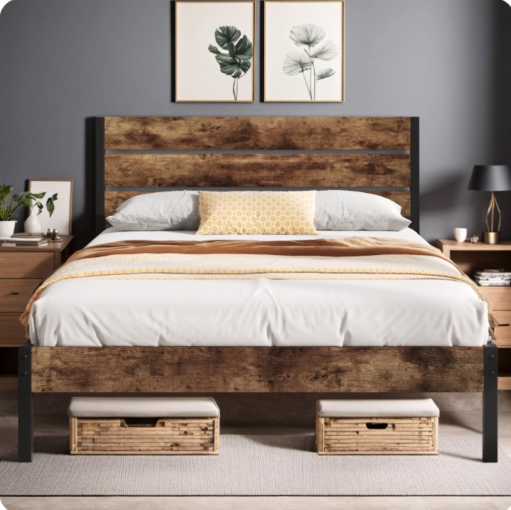 lifezone queen bed frame with rustic vintage wood headboard and footboard metal support rustic brown