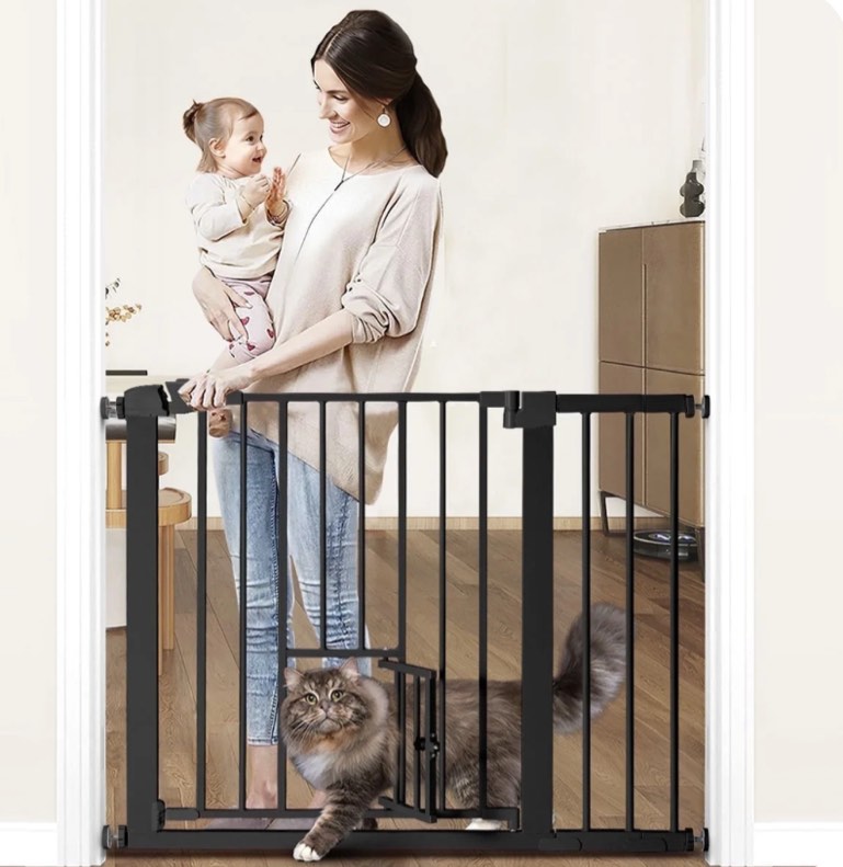 Pet Safety Gate, Caveen 29.5''-40.5''Wide Pet Safety Gate with Cat Door, Black