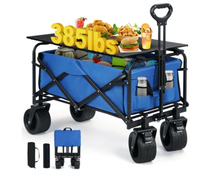 firstness collapsible wagon cart with tabletop, 385 lbs heavy duty utility garden wagon for camping, beach, picnic, sports, shopping & grocery, blue