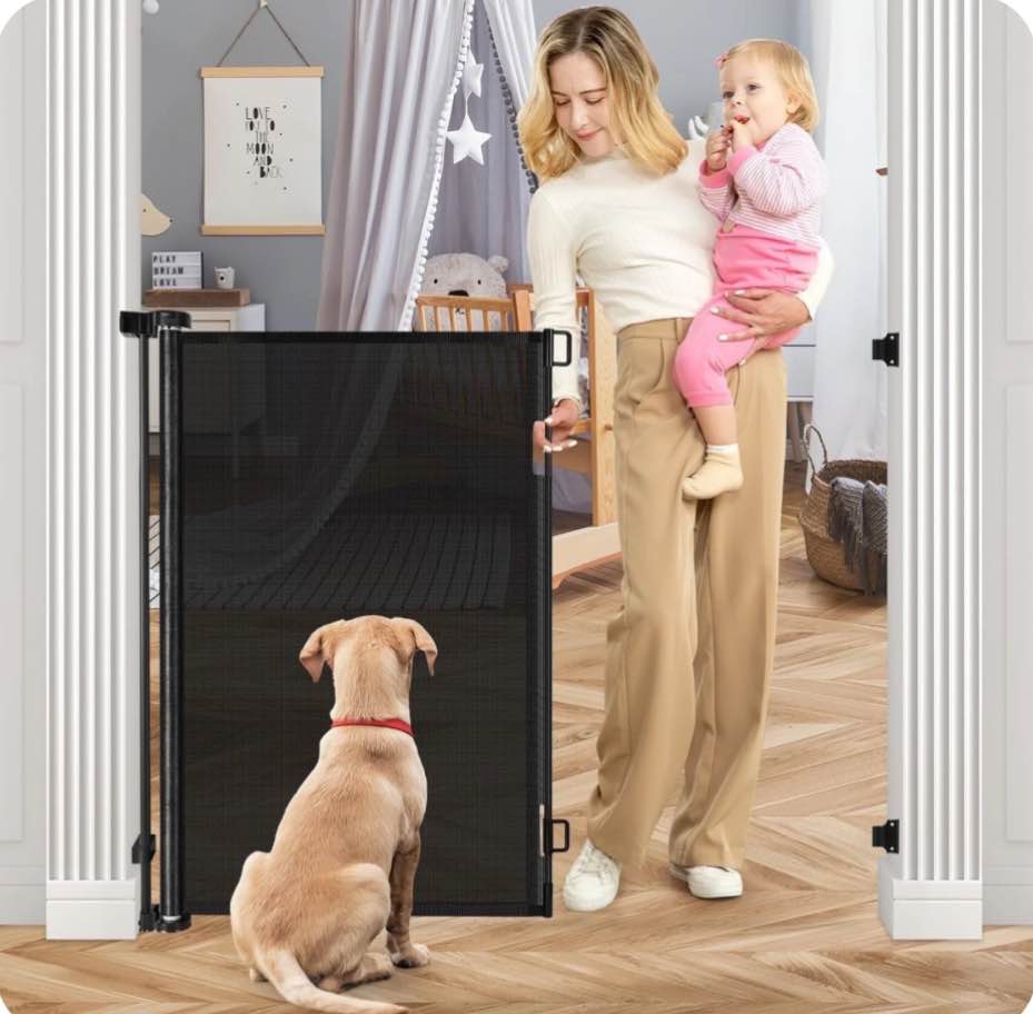 Retractable Baby Gate, 42" Tall HDJ Mesh Dog Gate, Extends to 71" Wide, Black
