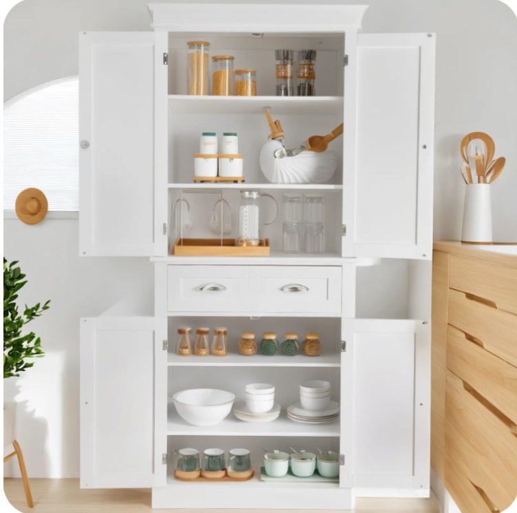 Ktaxon 72" Kitchen Pantry Storage Cabinet with 4 Doors Large Drawer and Adjustable Shelves for Living Room, White