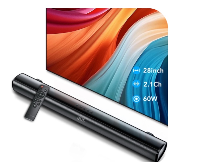 Sound Bar for TV, 60W Soundbar TV Speakers, 2.1 ch Home Theater with Subwoofer Boost, 3 Equalizer Modes, Soundbar for TV/PC/Gaming/Projectors, Bluetooth, OPT, COX, USB & AUX Wall Mountable