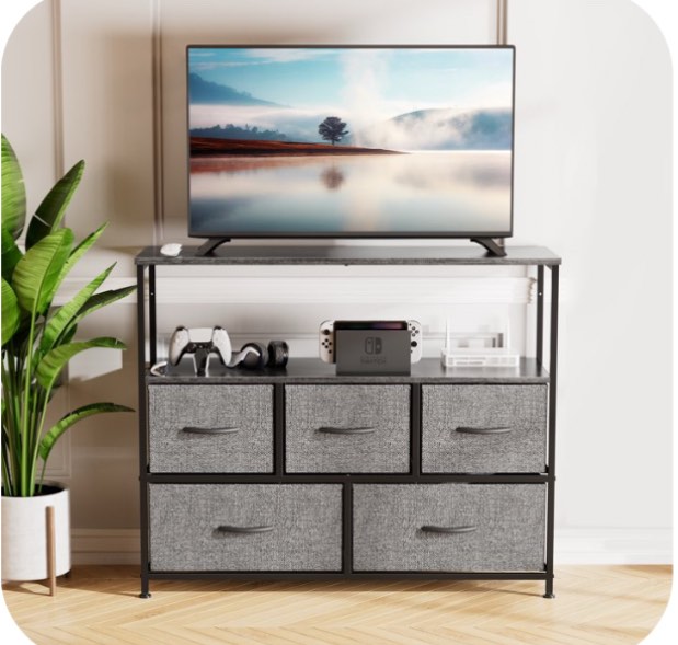 ZUNMOS TV Stand with 5 Drawer Dresser Open Shelves, Fits TV up to 45 Inches, Grey