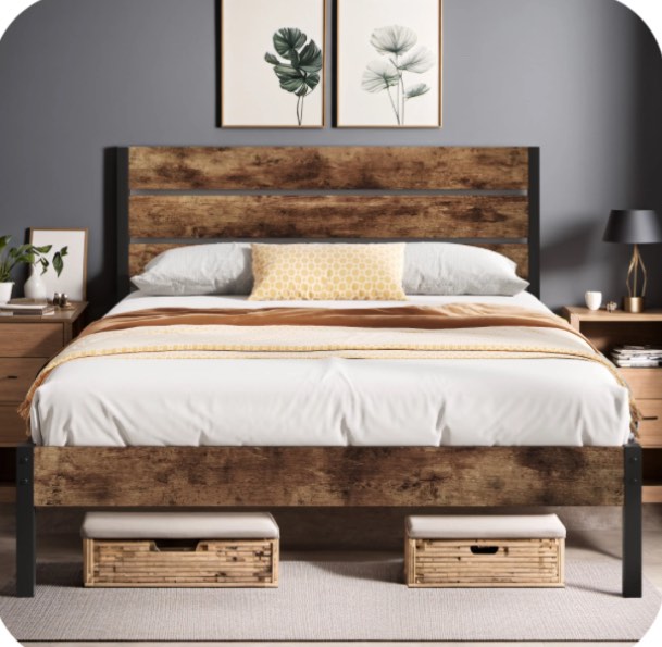Lifezone Queen Bed Frame with Rustic Vintage Wood Headboard and Footboard,Metal Support,Rustic Brown