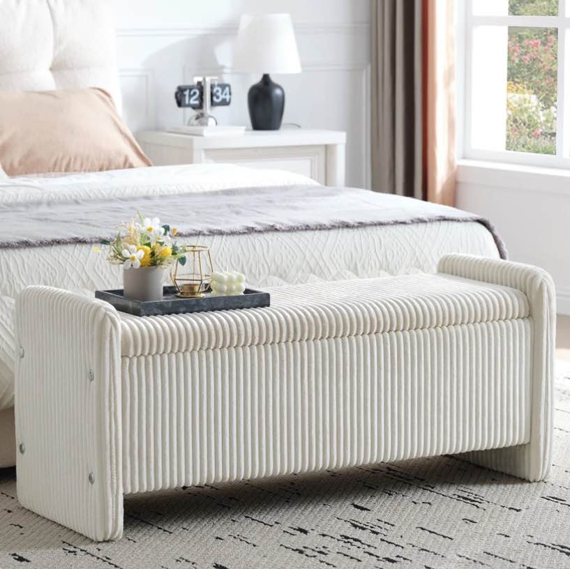 pinmoco 44" storage ottoman bench, upholstered entryway bench with storage end of bed bench for bedroom& living room, corduroy beige
