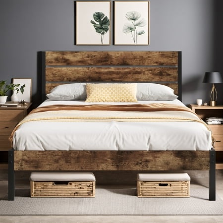 lifezone queen bed frame with rustic vintage wood headboard and footboard,metal support,rustic brown
